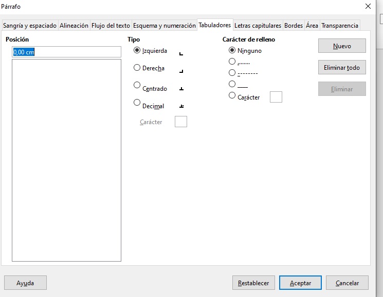 Imagen que muestra la ventana de las opciones de configuración de las tabulaciones.