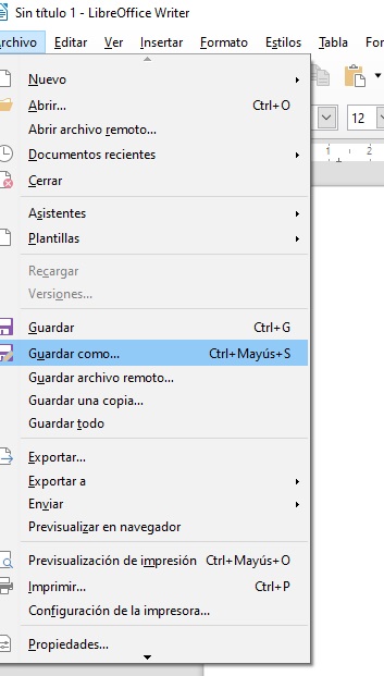 Ilustración que muestra la opción de guardar un documento en Writer.