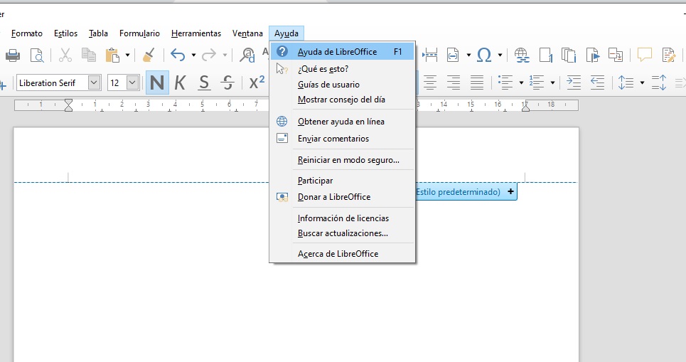 Imagen que muestra el acceso a la ayuda del Writer.