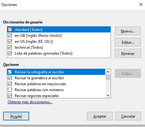 Imagen que muestra las opciones del diccionario.
