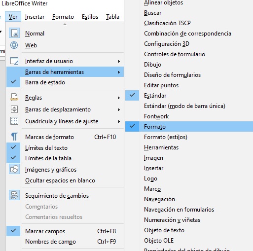 Imagen que muestra la opción Formato dentro del menú Ver, Barra de herramientas.