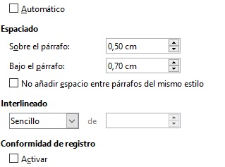Imagen que muestra las opciones para indicar la separación entre párrafos.