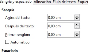 Imagen que muestra las opciones de sangría y espaciado.