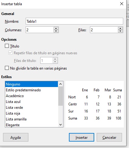 Imagen que muestra diferentes estilos de tablas que podemos crear.
