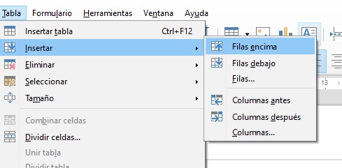Imagen que muestra la opción Insertar filas.