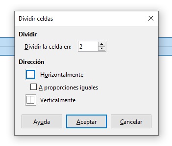 Imagen que muestra la ventana para indicar el número de celdas que queremos obtener después de efectuar la división.