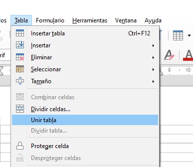 Imagen que muestra la opción unir celdas.