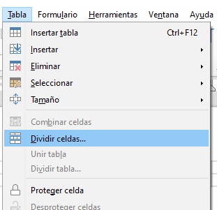 Imagen que muestra la opción dividir celdas.