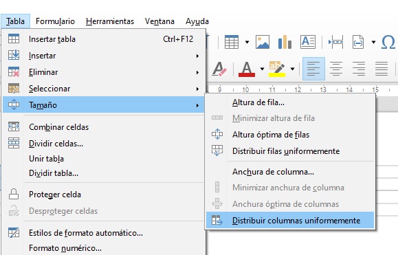 Imagen que muestra la opción Distribuir columnas.