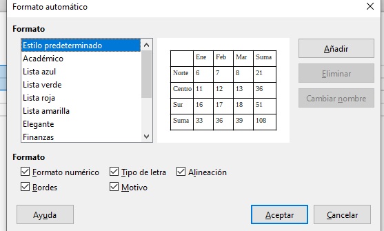 Imagen que muestra la opción autoformato de tablas.