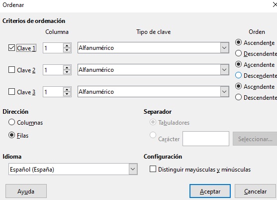 Imagen que muestra la ventana para configurar la ordenación de los datos.