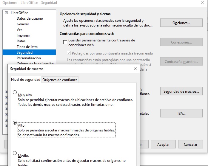 Imagen que muestra la opción de Seguridad de macros.