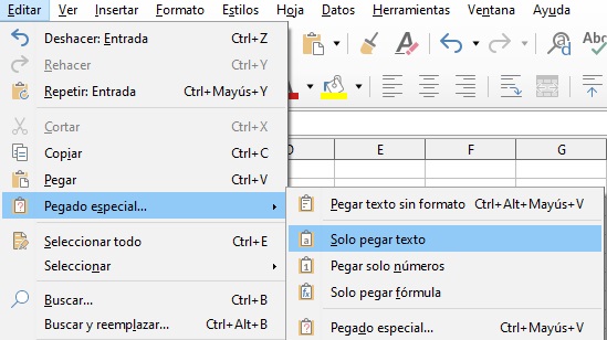 Imagen que muestra la opción Pegado especial.