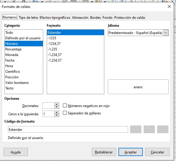 Imagen que muestra las opciones de formato de celdas.