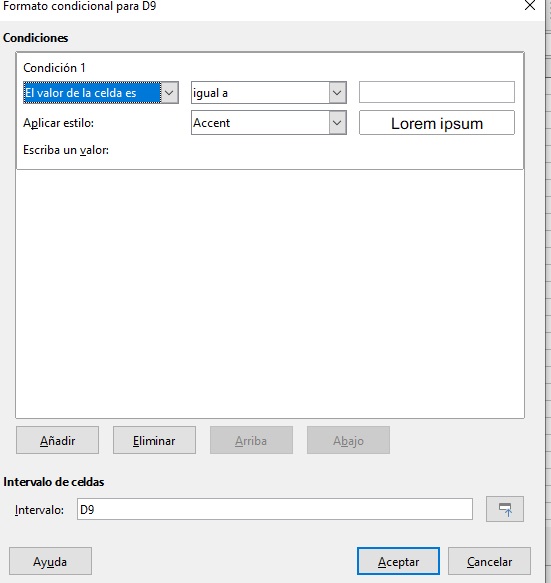 Imagen que muestra la configuración de las celdas para el formato condicional.