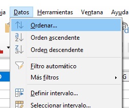 Imagen que muestra la opción Ordenar dentro del menú Datos.
