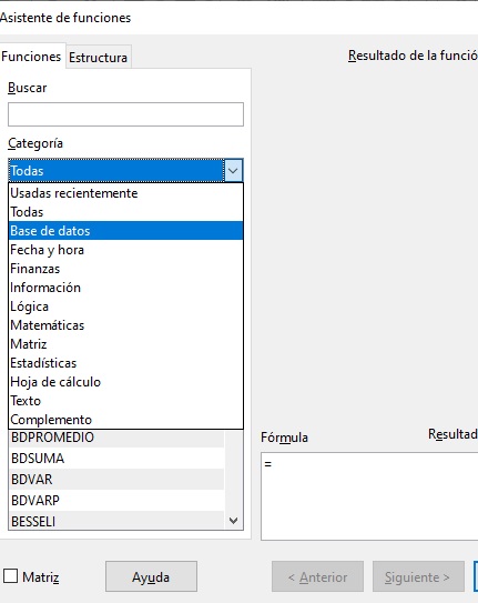 Imagen que muestra la categoría de funciones todas en el asistente de funciones.