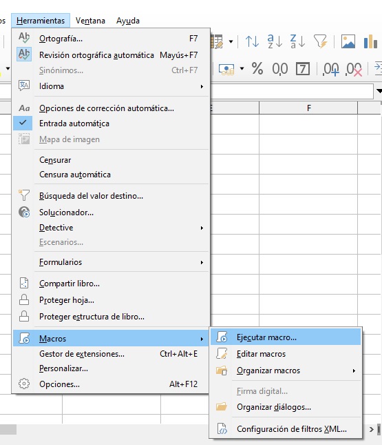 Imagen que muestra el uso de macros en Calc.
