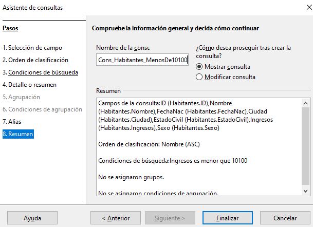 Imagen que muestra el resumen del diseño de la consult realizada.