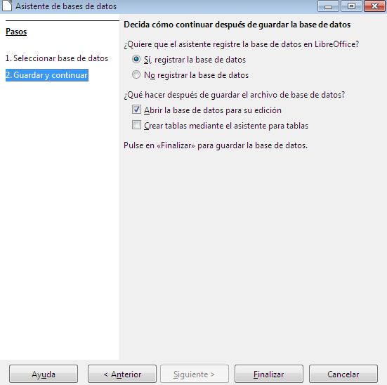 Imagen que muestra el asistente para crear la base de datos una vez que seleccionamos la opción Crea un nueva base de datos.