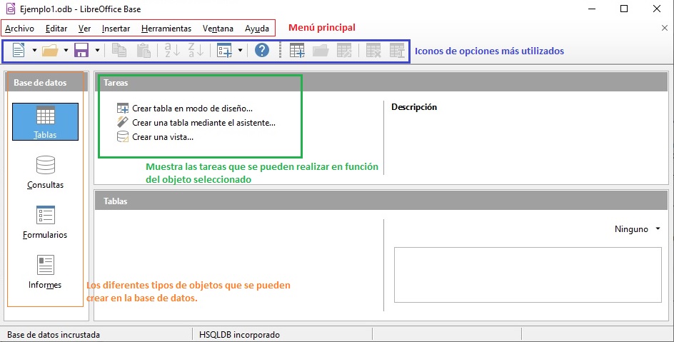 Imagen que muestra el entorno de trabajo cuando accedemos a una base de datos nueva.
