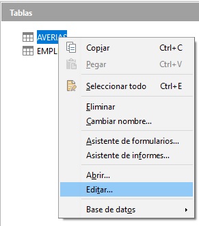 Imagen que muestra el acceso a la opción Editar al seleccionar una tabla.