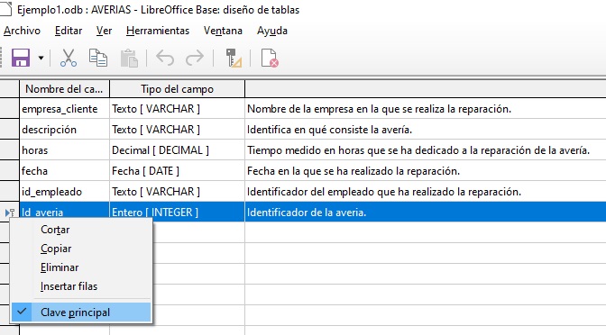 Imagen que muestra la opción de clave primaria cuando nos situamos sobre el campo id_averia y pulsamos el botón derecho del ratón
