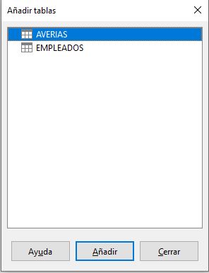 Imagen que muestran las tablas que podemos utilizar una vez que pulsamos la opción Relaciones.