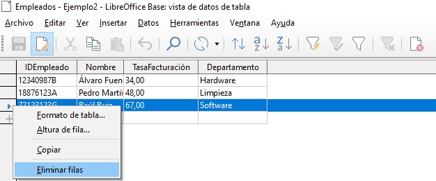 Imagen que muestra la opción Eliminar un registro de la tabla empleados.