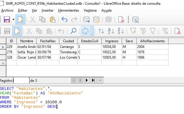Imagen que muestra la ejecución de la instrucción SQL