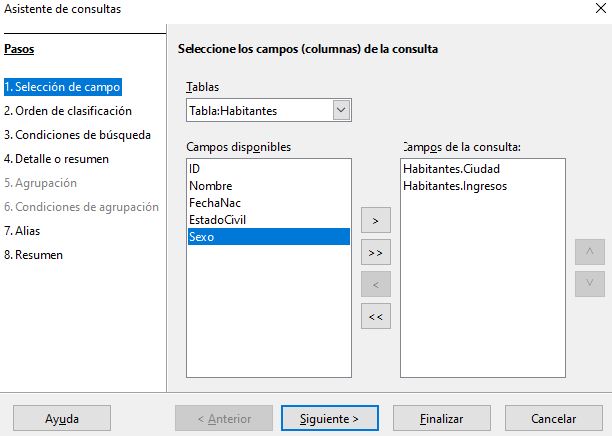 Imagen que muestra la selección de la tabla y de los campos Ciudad e ingresos.