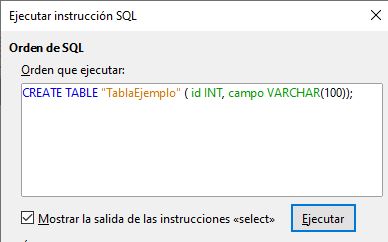 Imagen que muestra la orden para crear la tabla mediante lenguaje SQL.