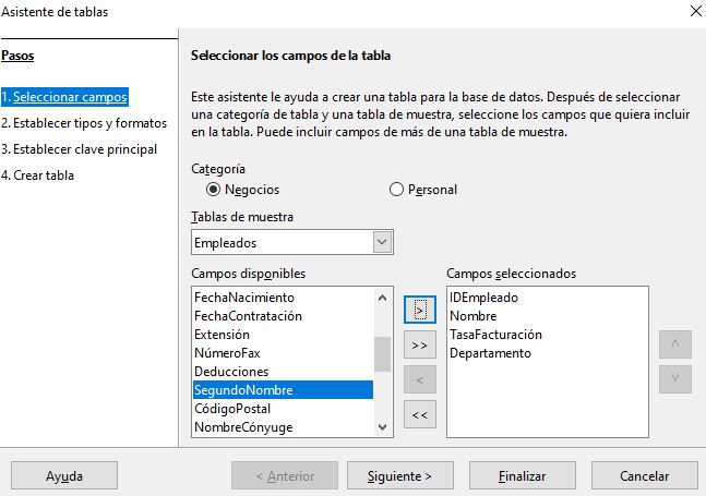 Imagen que muestra la comienzo de la creación de una tabla utilizando el asistente. Aparece seleccionada la tabla de muestra empleados.