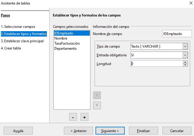 Imagen que muestra la definición de la tabla Empleados. Paso 2 del asistente.