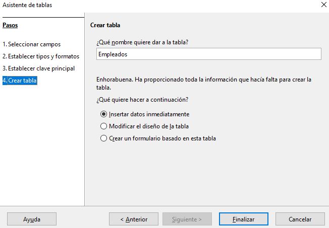 Imagen que muestra el último paso del asistente para crear la definición de la tabla.