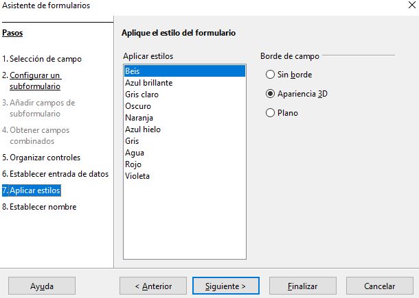Imagen que muestra la ventana para seleccionar el aspecto visual del formulario a través de la selección de los estilos.