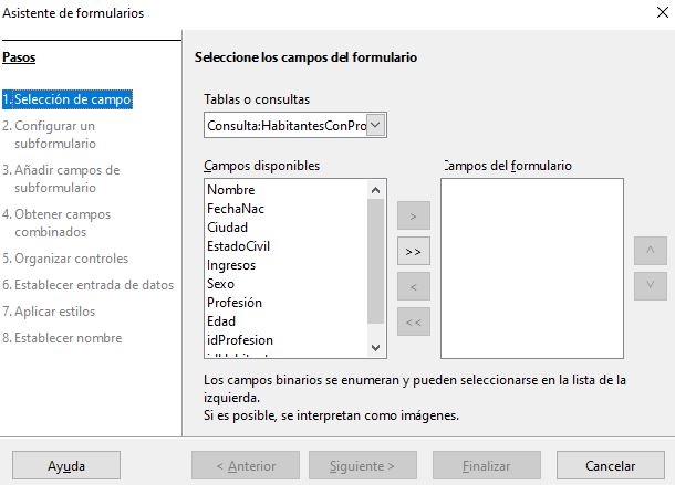Imagen que muestra la ventana que se nos abre cuando pulsamos la opción "Crear un formulario mediante el asistente"
