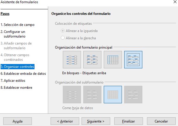 Imagen que muestra la configuración de la organización de los campos de control, Se ha seleccionado en el apartado organización del formulario la opción En bloques - etiquetas arriba.