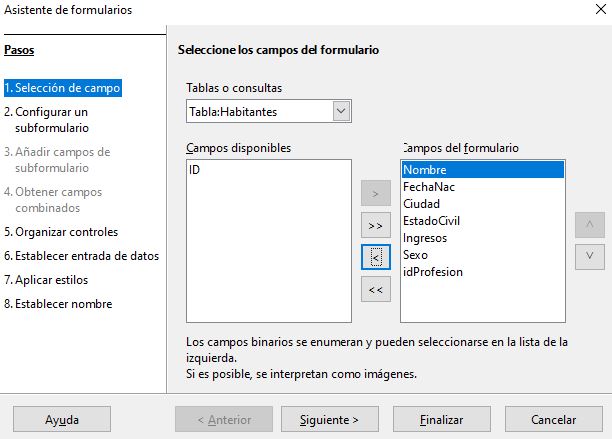Imagen que muestra el primer paso para crear un formulario. Se han seleccionado todos los campos de la tabla habitantes menos el campo ID.