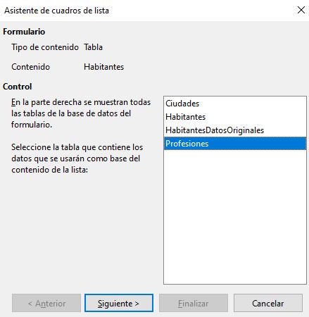 Imagen que muestra el inicio del asistente para crear la lista. Se ha seleccionado la tabla profesiones.