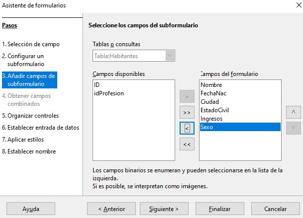 Imagen que muestra la selección de campos del subformulario.