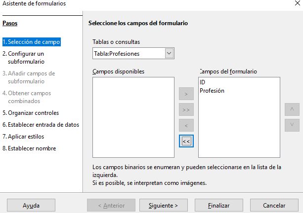 Imagen que muestra el asistente para crear formularios. Aparece seleccionado la tabla profesiones y todos sus campos.