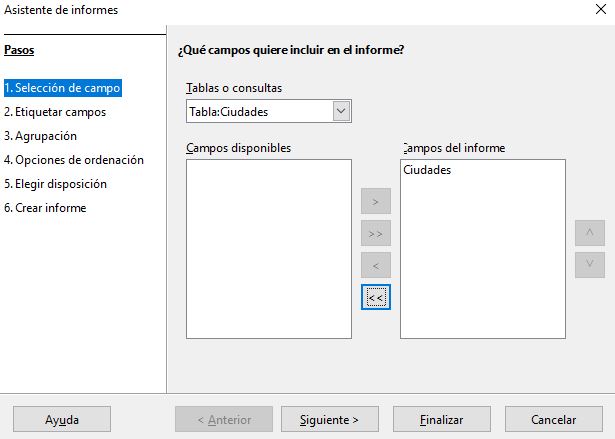 Imagen que muestra el inicio del asistente para crear un informe estático. Se ha seleccionado la tabla ciudades y el campo ciudad.