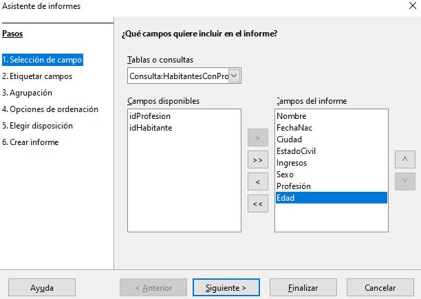 Imagen que muestra el inicio de la creación del informe. Se ha seleccionado la consulta y los campos indicados.