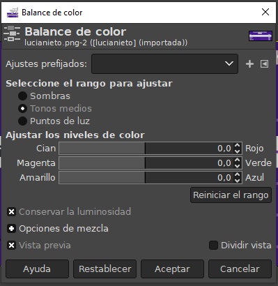 Balance de color Imagen que muestra la ventana Balance de color.