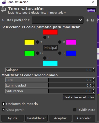 Imagen que muestra la ventana de las opciones de tono y saturación.