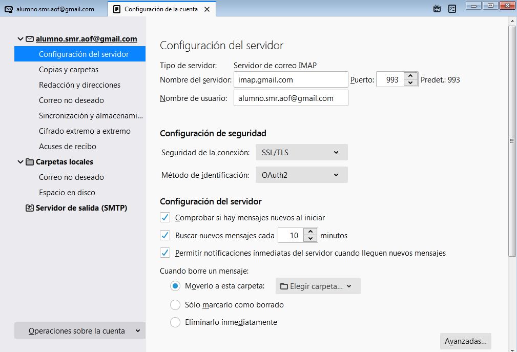Ilustración que muestra el contenido de la ventana Configuración de la cuenta.