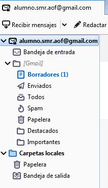 Ilustración que muestra las carpetas que por defecto existen al configurar la cuenta en la aplicación Thunderbird.