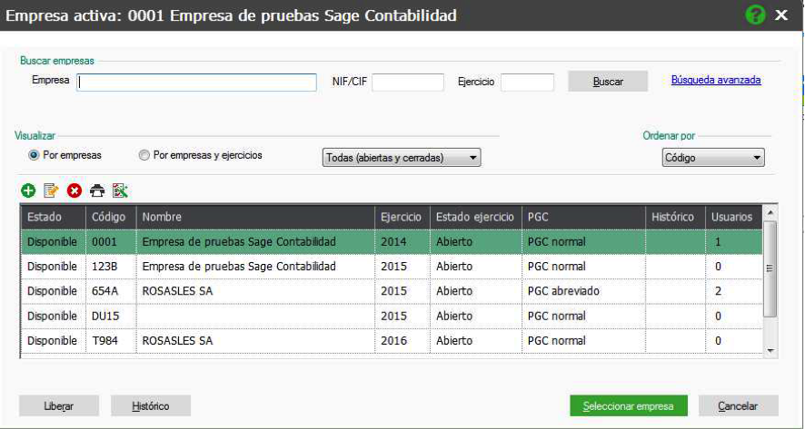 Pantalla de creación de empresa. Imagen de la ventana para crear la empresa, con el panel vertical y sus pestañas correspondientes.