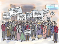 Varios trabajadores, con pancartas, hacen uso del derecho constitucional de la huelga.